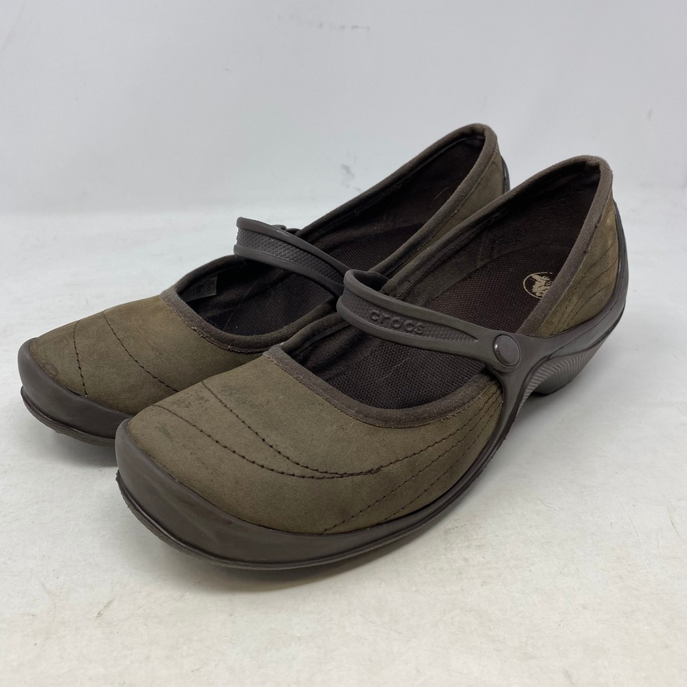 Crocs Womens Brown Nubuck Leather Mary Jane Wedge Shoes Comfort 10889 Size 9